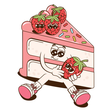 A Groovy cheerful dessert character. Retro cartoon vector illustration with a cake for print, isticker, stamp, patch or mascot for cafe, restaurant, bar.のイラスト素材