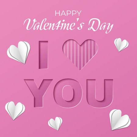 Happy Valentines Day greeting card with paper cut letters and hearts on a pink background. Vector ilustration for decorative love banner, festive web poster, romantic flyer. Vector illustrationのイラスト素材