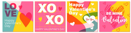 A set of abstract Happy Valentines Day cards. Modern vector illustration with hearts, geometric and liquid shapes in bright colors. Templates for posters, flyers, banners, social media, sale promotionのイラスト素材