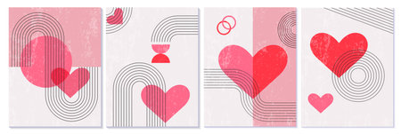 Set of retro Valentines Day geometric abstract posters. Vintage banners, greeting cards in 60s, 70s, brutalism style with hearts, circles, and curved lines. Vector backgrounds for prints, wrapping.のイラスト素材