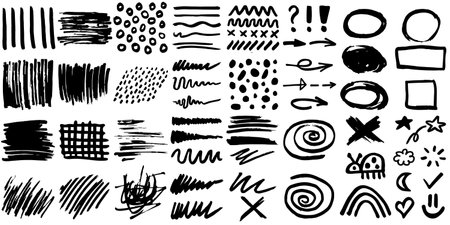 Grunge crayon or marker doodle scribbles. Bold charcoal freehand stripes, crazy hatches and paint shapes, ovals, rectangles, stars and crosses. Each vector element is united and isolated.のイラスト素材