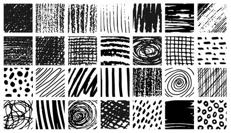 Vector set of scribble hatch textures. Grunge scrawls, charcoal scribbles, scratches, underline, circles and hatching effect. Each doodle element is united and isolated.のイラスト素材
