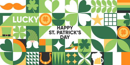 Happy St. Patricks Day geometric seamless pattern in green, orange colors. Mosaic vector background with a leprechaun hat, clover leaves, gold coins, beer and simple forms.Neo geo art. Swiss style.のイラスト素材