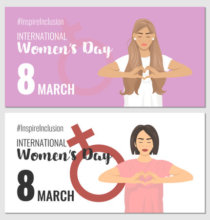 A set of International Womens Day backgrounds. Flat vector illustrations for banners, posters, flyers, social media. #InspireInclusion 2024 campaign. Women with heart-shaped hands.のイラスト素材