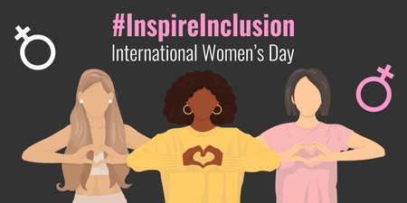 The International Womens Day banner. Faceless cartoon vector illustration for poster, flyer, social media. #InspireInclusion 2024 campaign. Women with heart-shaped hands stand together.のイラスト素材