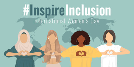 #InspireInclusion 2024 campaign. Diverse race group of women hand gesture as heart shape to stop gender discrimination. The International Womens Day faseless vector banner, poster, flyer.のイラスト素材