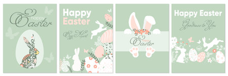 Happy Easter Set festive posters, greeting cards, banners, holiday covers. Trendy vector design with cute hand drawn bunny, eggs, flowers and plants in pastel colors.のイラスト素材