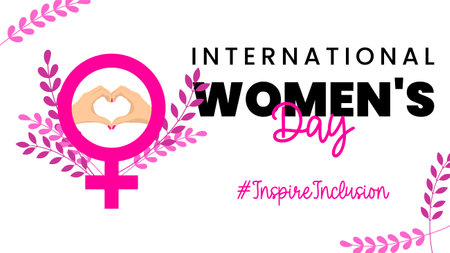 International Womens Day 2024 #InspireInclusion background with female sign of Venus, heart hands sign, plants and typography. 8 march, womens history month concept. Vector design for banner, posterのイラスト素材