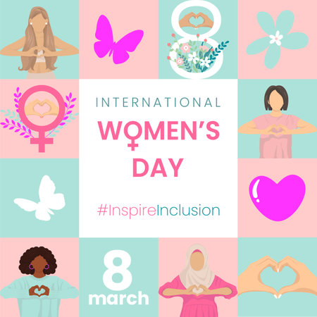 #InspireInclusion 2024 campaign. International Women's Day vector geometric pattern for greeting card, poster, flyer, wrapping with women hand gesture as heart shape, flowers, butterflies and text.のイラスト素材