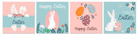 Happy Easter hand drawn square greeting cards in a flat style. Cute vector design with bunny, Easter eggs, flowers, plants and text in pastel colors. For posters, banners, covers and social media.のイラスト素材