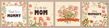 Mothers day editable templates for greeting cards, posters, invitations, social media. Vector illustration in hand drawn flat style with flowers, greenery in pastel colors and trendy typography.のイラスト素材