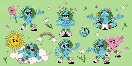 Collection of retro groovy hippie Earth planet characters. Vector funny 60s, 70s vintage Earth Day stickers, stamps, patches or mascots. World Environment Day concept. Y2K aesthetics. Editable strockeのイラスト素材