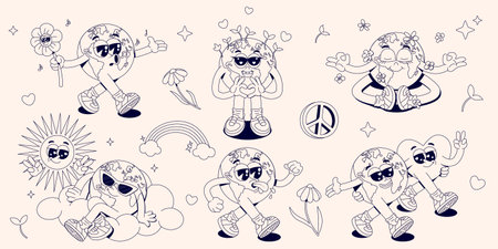 Collection of retro groovy hippie Earth planet characters. Vector funny 60s, 70s vintage Earth Day stickers, stamps or mascots. World Environment Day concept. Y2K aesthetics. Monochrome palette.のイラスト素材