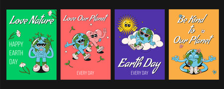 Happy Earth Day templates of posters, greeting cards or flyers in funky retro groovy style. Cartoon Y2K vector illustrations with planet Earth characters and typography.のイラスト素材