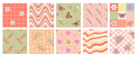 Groovy abstract patterns. Romantic backgrounds in retro 60s style with mesh, lines, squares,butterflies, flowers, carrots and hearts. Vector illustrations for wrapping, textile, posters, social media.のイラスト素材