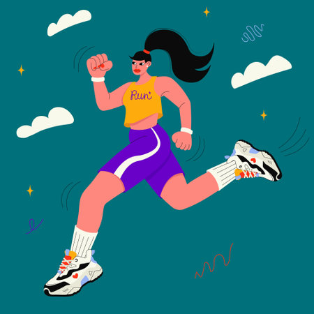 Fitness active woman retro cartoon character sportsman in sportswear running trying to be first. Vector flat illustration in groovy style. 80s nostalgia. Active lifestyle and running concept.のイラスト素材