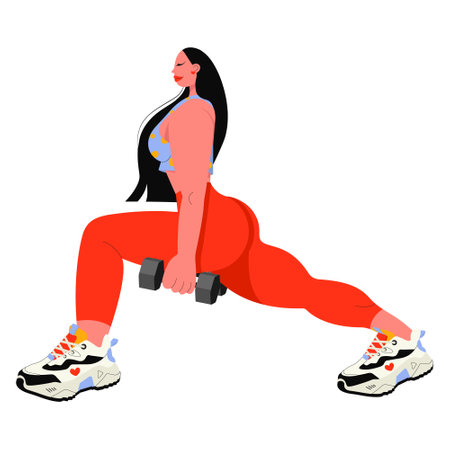 Retro cartoon character fitness active woman in sportswear dumbbell training. Vector flat illustration in groovy style isolated on a transparent background. 80s nostalgia. Active lifestyle concept.のイラスト素材