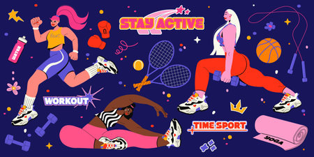 Retro cartoon abstract characters and elements of fitness training concept. Vector flat illustration in groovy style with active workout women in sportswear. 80s nostalgia. Healthy lifestyle.のイラスト素材