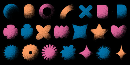 Set of colorful retro abstract dotted shapes. Trendy y2k elements with vintage stipple effect. White noise grainy texture. Geometric forms with fading gradient.Vector illustration in pixel art style.のイラスト素材