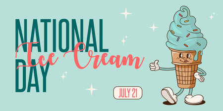 Groovy retro National ice cream day background. Vector illustration for banner, card, poster, with cheerful ice cream character and text.のイラスト素材