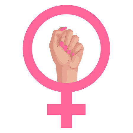 Feminism flat symbol with venus sign and fist raised up. National Womens Equality Day concept. 26 August. Vector illustration Isolated on transparent background for print, sticker, poster.のイラスト素材
