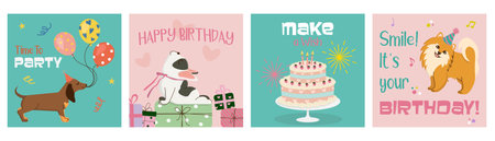 Festive Happy Birthday cards in retro cartoon style. Cute cheerful hand-drawn dogs in hats with cake, presents and balloons. Bright vector templates for invitations, greeting cards, posters.のイラスト素材