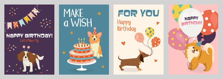 Festive Happy Birthday greeting cards or invitations in cartoon style. Cute hand-drawn dogs in hats with cake and balloons. Bright vector templates for party, event.のイラスト素材