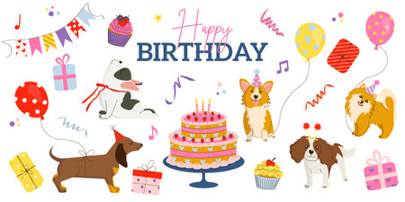 Vector collection of hand-drawn clipart featuring dogs of various breeds wearing festive hats and taking part in birthday parties. Great for cards, invitations and holiday designs.のイラスト素材