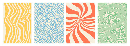 Abstract groovy hippie 70s backgrounds with swirl, twirl, waves, rays and lines. Distorted vector trendy textures in retro psychedelic style for textile, posters, social media. Y2K aesthetics.のイラスト素材