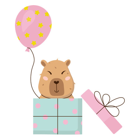 A cute and cuddly capybara character with three balloons is sitting in a gift box. Happy Birthday concept. Funny hand-drawn festive sticker. Vector illustration on transparent background.のイラスト素材