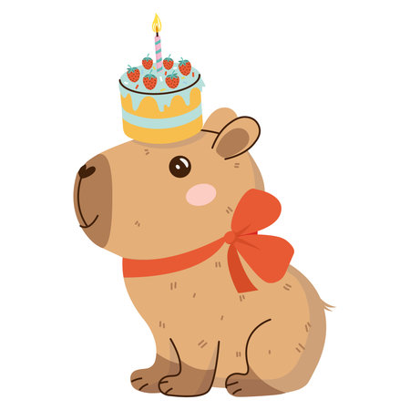 A cute and cuddly capybara character with birthday cake. Happy Birthday concept. Funny hand-drawn festive sticker. Vector illustration isolated on transparent background.のイラスト素材
