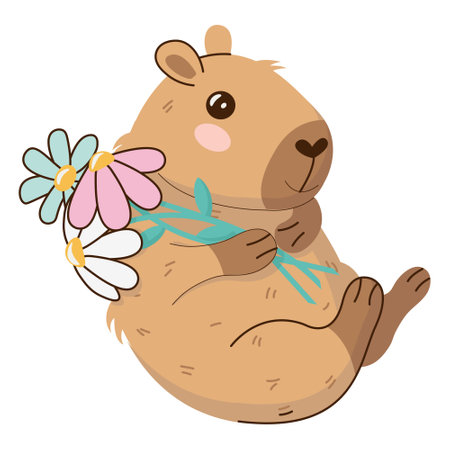 A cute and cuddly capybara character with flowers. Happy Birthday concept. Funny hand-drawn festive sticker. Vector illustration isolated on transparent background.のイラスト素材