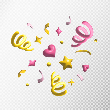 3D rendering of colourful confetti. Plastic star, heart, circle, ribbon isolated on transparent background. Festive vector template for party, event, celebration, holiday, gift, birthday invitation.のイラスト素材