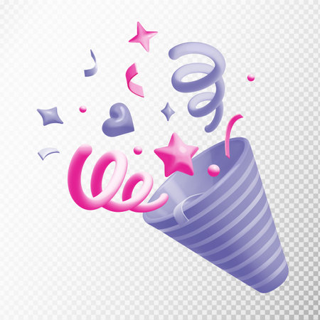 3D firecracker with confetti and serpentine. Holiday popper explodes. 3D render. Party and event celebration. Minimal vector illustration in purple-pink palette isolated on transparent background.のイラスト素材