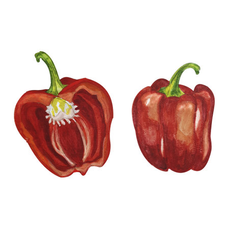 Watercolor Pepper Duo: Whole and Sliced Red Bell Pepper isolated on a white background. Perfect for culinary blogs, restaurant menus, kitchen decor, food magazines, and healthy eating promotions.の写真素材