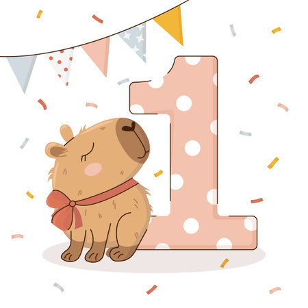 First birthday party invitation with a cute capybara in hand-drawn style. Amusing capibara character. Vector templates for party, event.のイラスト素材