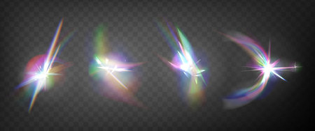 Abstract radiant prism bursts. Vector realistic set of dynamic rainbow light effects for digital....