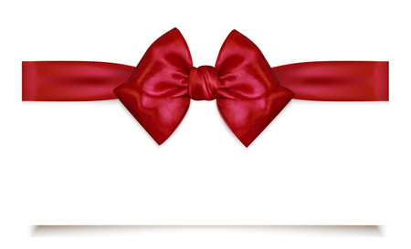 Blank Gift card with elegant satin red bow and ribbon isolated on white background. Realistic vector template for greeting card, gift card, voucher.のイラスト素材