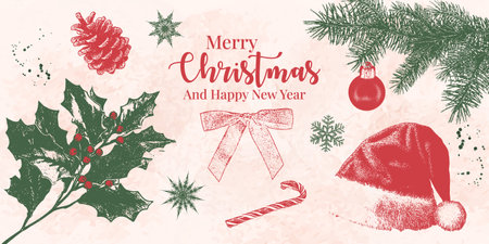 Christmas sticker set in vintage style. Festive photocopy elements like holly leaves, Santa hat, pine cone, candy cane, snowflake. Ideal for holiday cards, gift wrapping, seasonal decor, social media.のイラスト素材