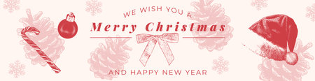 Festive Christmas banner with photocopies of holiday elements in vintage style. Vector illustration in red and beige colors for website headers, holiday greetings or promotions.のイラスト素材