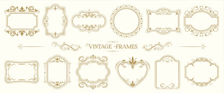 Elegant vector set of vintage text frames in gold on a cream background. Perfect for invitations, greeting cards, wedding designs, menus, and branding. Classic ornamental style with decorative swirls.のイラスト素材