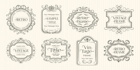 A collection of vector retro-inspired, ornate vintage frames in black on a cream background. Ideal for invitations, logos, packaging, and branding designs. Classic style, timeless appeal.のイラスト素材