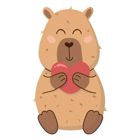 Cute isolated vector illustration of a loving capybara holding a heart on a transparent background. Perfect for Valentines Day cards, stickers, posters and social media. Charming and playful design.のイラスト素材