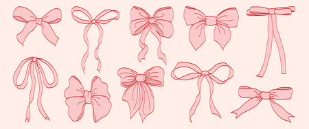 Pink vintage coquette ribbon bows set for digital scrapbooking, invitations, stationery, packaging, and fashion design. Elegant hand-drawn aesthetic for romantic and feminine creative projects.のイラスト素材