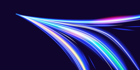Futuristic neon motion light trails with speed blur effect on dark background. Ideal for technology, digital innovation, high-speed internet, data transfer, sci-fi themes, and dynamic banners.のイラスト素材