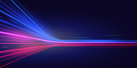 Speed motion light trails in neon blue and pink on dark background. Perfect for technology, high-speed data transfer, sci-fi, fast internet, telecom, digital acceleration, and dynamic banners.のイラスト素材