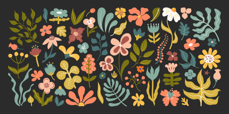 Hand-drawn set of abstract botanical flowers and leaves in earthy retro color palette. Floral doodle clipart for stickers, fabric prints, posters, greeting cards, scrapbooking and digital design.のイラスト素材