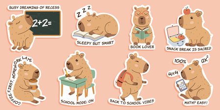 Cute capybara back-to-school sticker set in hand drawn doodle style with soft pastel colors. Perfect for stationery, planners, notebooks, scrapbooking, school projects, digital stickers, and gifts.のイラスト素材