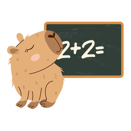 Cute capybara near a chalkboard with a simple math example. Flat hand-drawn style, warm tones, transparent background. Great for school-themed designs, educational materials, and stickers.のイラスト素材