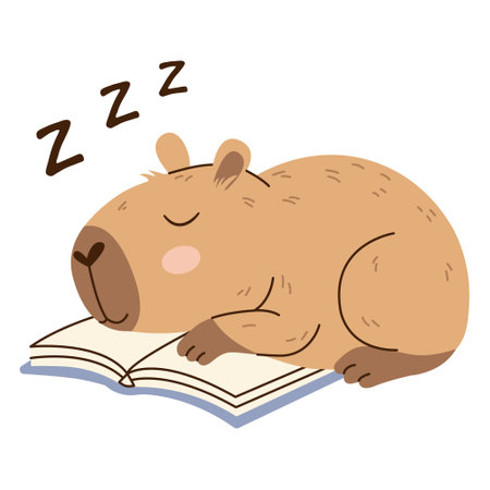 Adorable capybara sleeping on an open book. Flat vector illustration with soft colors and transparent background. Perfect for childrens projects, prints, and relaxation themes.のイラスト素材